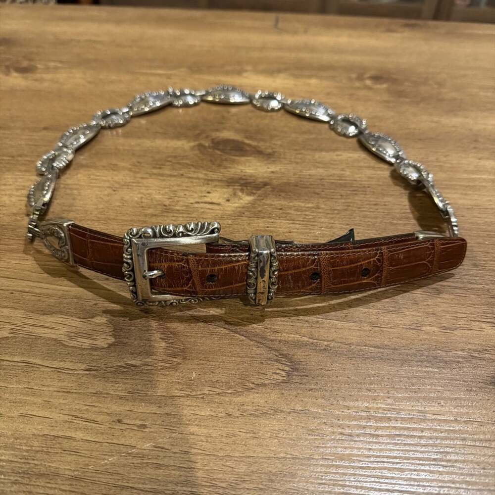 Brighton Vintage brown leather and silver tone chain link BELT 1995 Large
